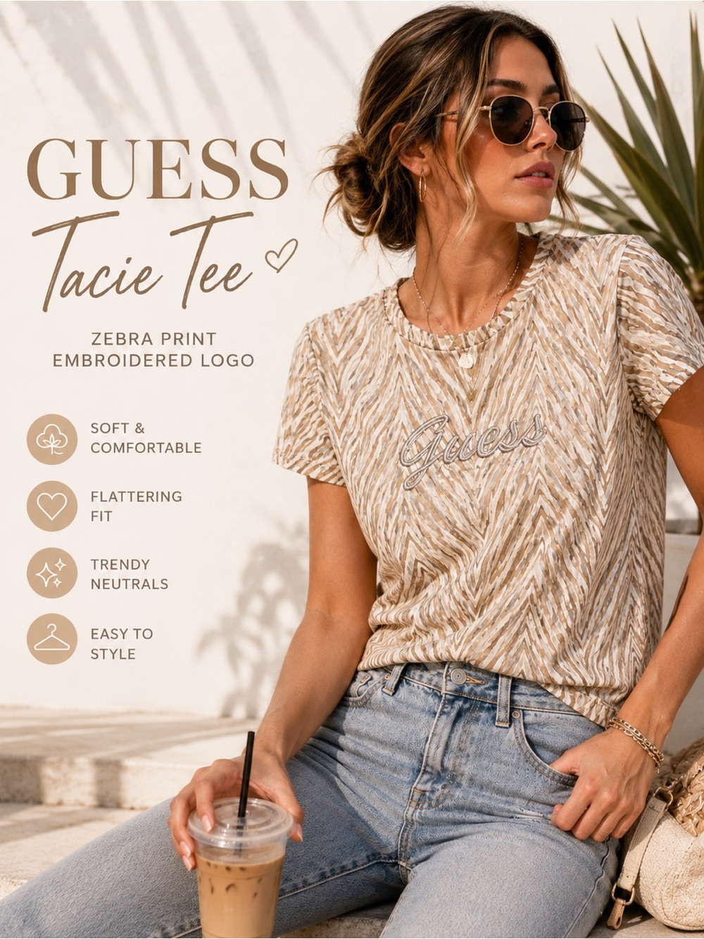 GUESS Tacie Zebra Print Tee NWT Medium Beige Brown Embroidered Logo